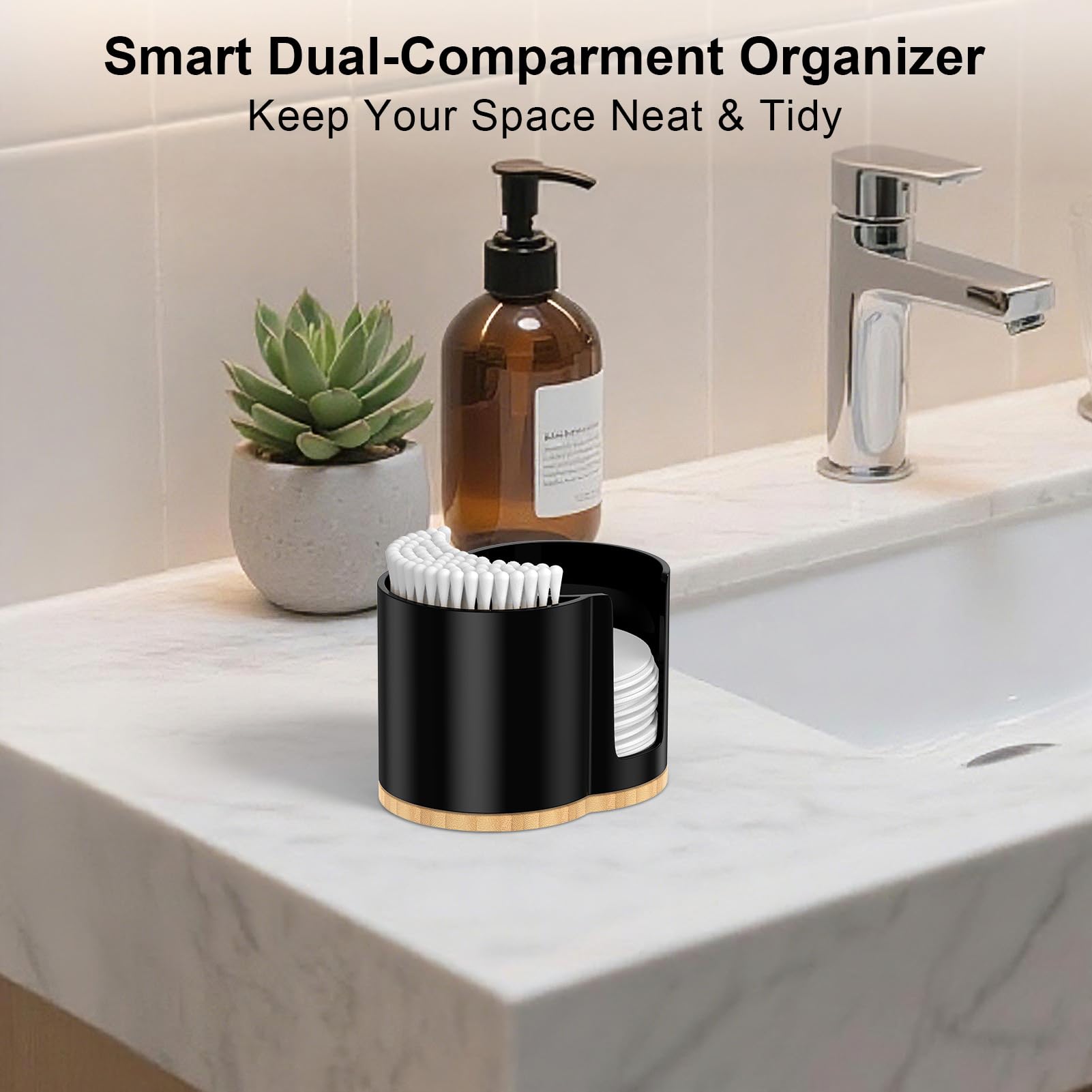 PENGARO Cotton Pad and Swab Holder, Q tip Holder Round Cotton Pad Dispenser Plastic Cotton Swabs Dispenser, Bathroom Accessories Storage Organizer for Cotton Pads Floss Picks, Black
