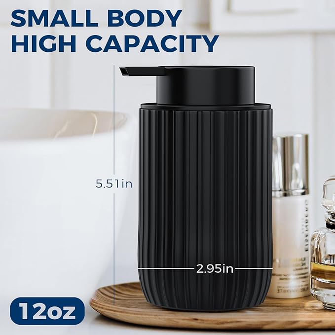 POSOSTO Ceramic Foaming Hand Soap Dispenser, 12 oz Bathroom Soap Dispensers, Lotion Dispenser for Kitchen, Refillable Matte Streaks Soap Dispenser with Large Pump (Black)