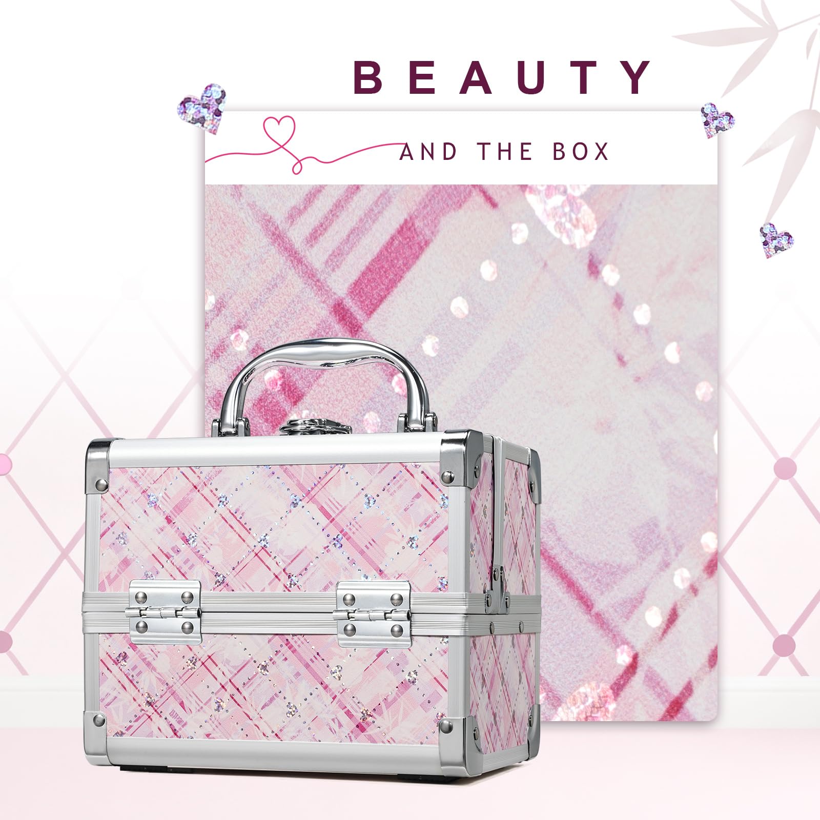 FRENESSA Makeup Train Case Portable Makeup Case Organizer Cosmetic Box Make Up Box Makeup Organizer Cases with Mirror Locking Nail Kit Organizer Travel Case Pink Plaid