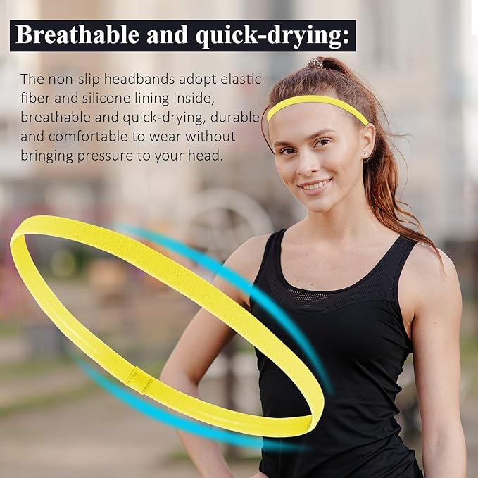 Bememo 4 Pieces Thick Non-Slip Elastic Sport Headbands Hair Headbands for Women and Men (Fluorescent Yellow, Fluorescent Orange, Red, Pine Green)