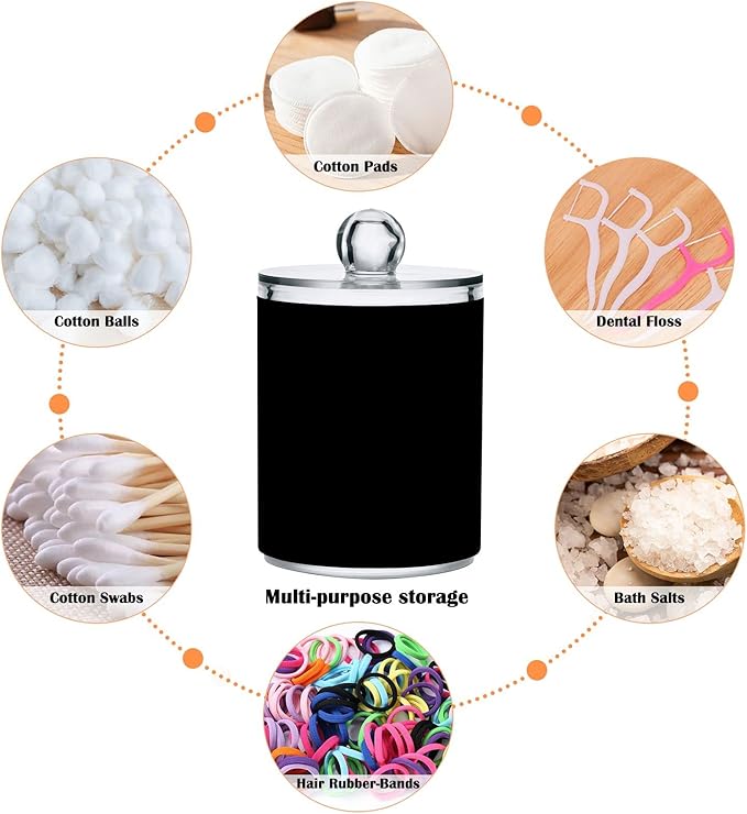 Black Qtip Holder Organizer Dispenser Cotton Swabs Cans Plastic Jars with Lid Set 4 Pack Bathroom Storage Canister for Cotton Ball Floss Cotton Pads