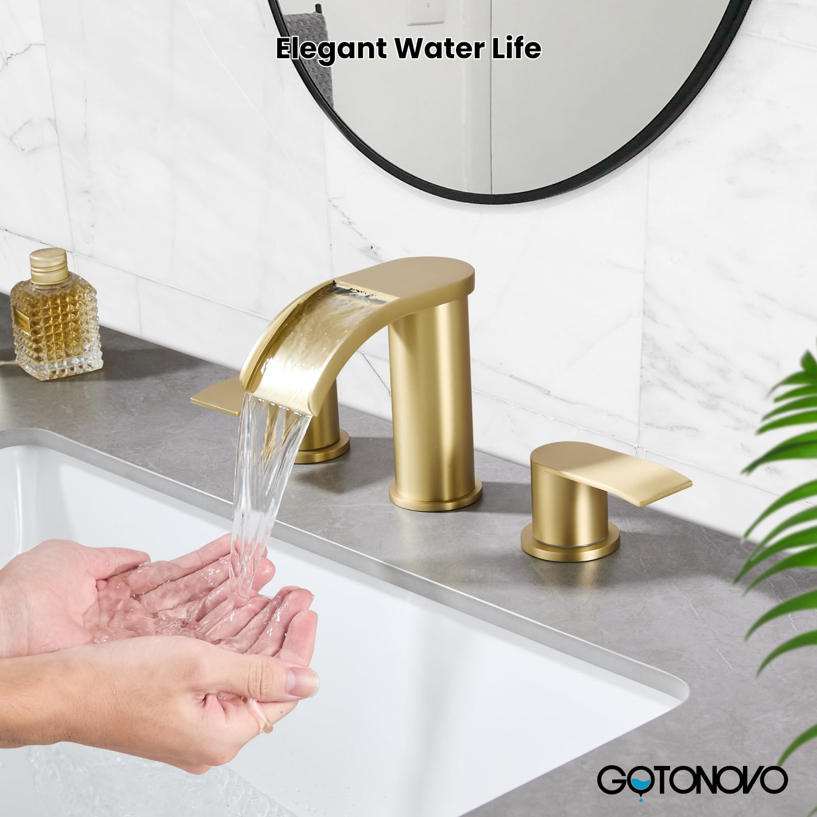 gotonovo Waterfall Bathroom Faucet 3 Hole Round Body,Brushed Gold