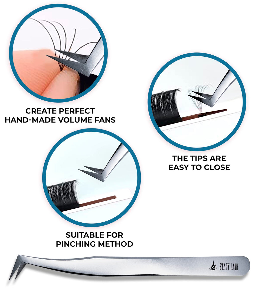 Stacy Lash STL-5 Eyelash Extension Tweezers/Supplies for Volume Extensions & Premade Fans/Precision Tool for False Lashes Application/Beauty Accessories/Curved Tweezer Tip/Eyelashes Tools