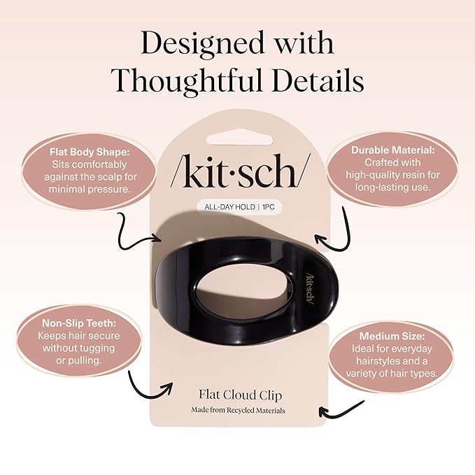 Kitsch Medium Flat Claw Clips for Women - Stylish Flat Hair Clips, Strong Hold for Thick & Fine Hair | Non-Slip for Secure, Comfortable All-Day Wear - Black
