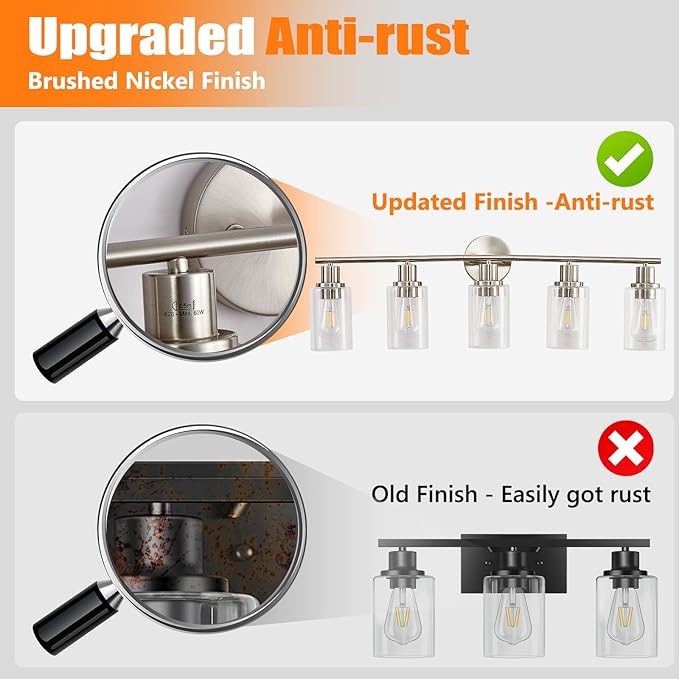 DLLT 5-Light Bathroom Light Fixtures: Nickel Modern Vanity Lights with E26 Bulbs - Clear Glass Shade Bathroom Wall Lamp for Mirror Kitchen Living Room Hallway Cabinet Porch