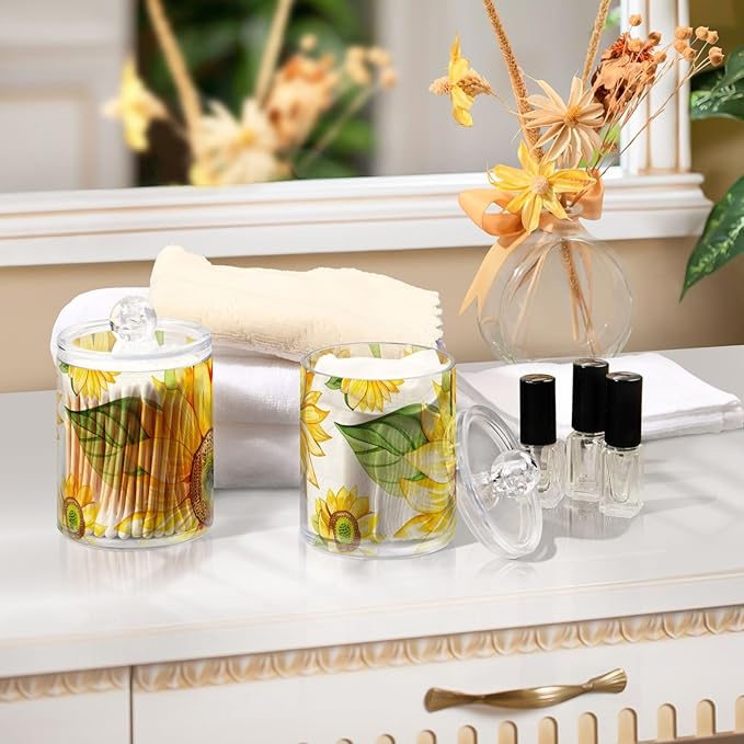 2 Pack Qtip Holder Dispenser for Cotton Ball Yellow Sunflower Flower Cotton Swab Cotton Round Pads Clear Plastic Acrylic Jar Set Bathroom Canister