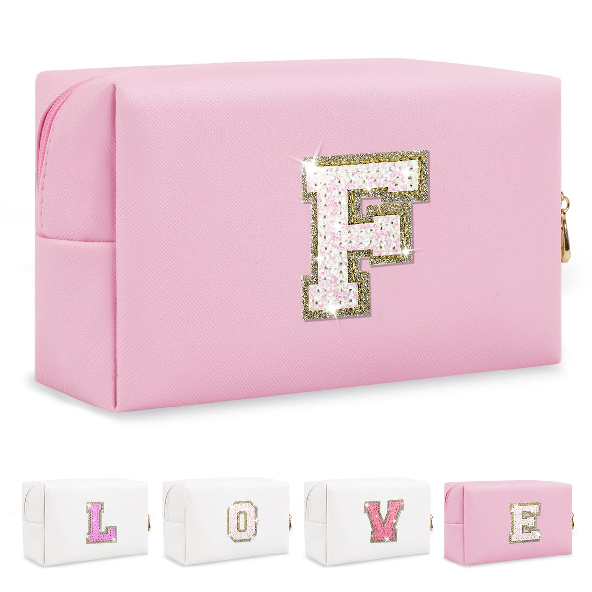 Personalized Makeup Bag Initial A-Z Preppy Patch Bag,Small PU Leather Travel Cosmetic Bag Pouch with Zipper,White Cute Toiletry Bag,Gift Ideal for Teen Girls Women Birthday Friend Mom,Letter F