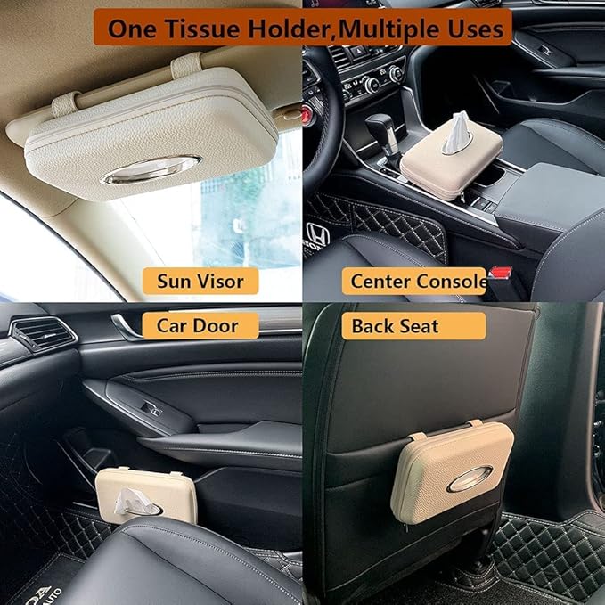 Car Tissue Holder, Sun Visor Tissue Holder, Zipper Car Visor Napkin Holder, PU Leather Backseat Tissue Case for Car,Vehicle (Beige)