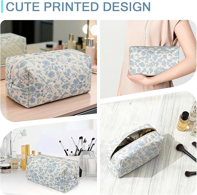 Gosect Floral Makeup Bag, Cute Cosmetic Bag for Women Girls, Quilted Cotton Make up Pouch, Travel Makeup Bags, Portable Storage Toiletry Organizer Bag(Navy Blue)
