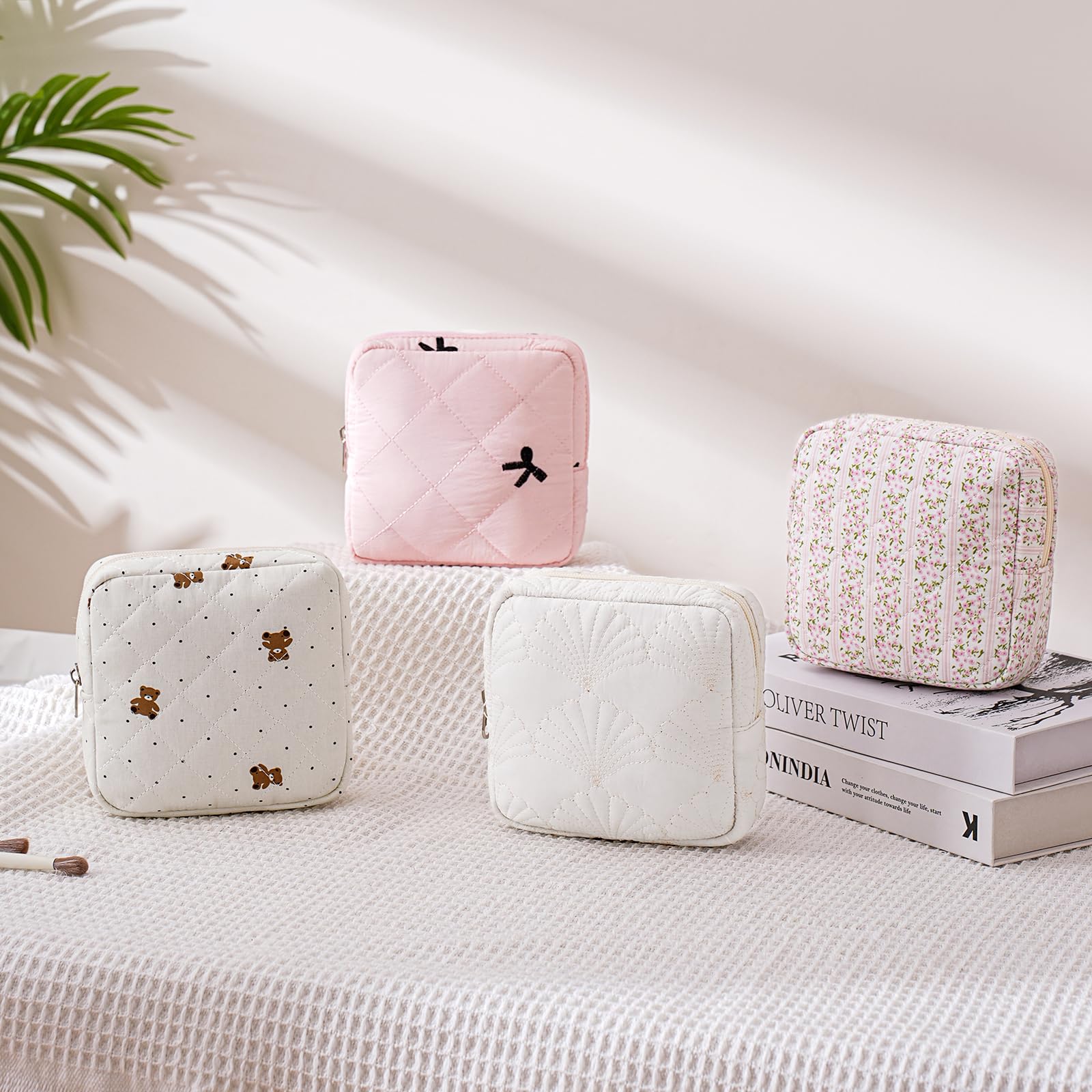 Small Quilted Cotton Makeup Bag for Purse, Cosmetic Bag with Compartments, Cotton Aesthetic Makeup Bag, Travel Toiletry Pouch, Lipstick Bag Card Holder Data Cable Organizer (16Striated Flower)