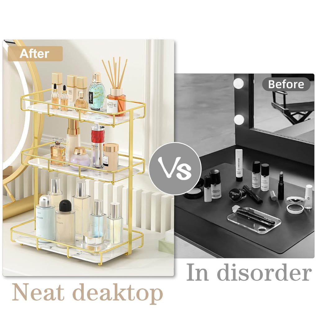 Bathroom Organizer Countertop Perfume Organizer Makeup Organizer Cosmetics Storage Display Rack Vanity Tray Dresser Stainless Steel Gold Shelf White Marble Ceramic Tray