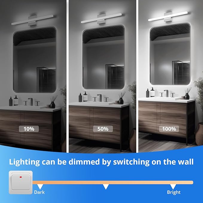 Combuh 24Inch LED Bathroom Vanity Light Bar, Color Changing 3CCT Dimmable Shining Over Mirror Lighting Fixture, Indoor Wall Sconces Modern 14W Chrome