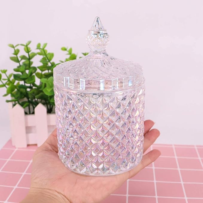 Colorful Home Decorative Jar Qtips Holder Dispenser Glass Storage Container Bathroom Counter Vanity Organizer for Bath Salts/Swabs/Rounds Makeup Sponges Toothpick Jewelry(Sparkling, 10 oz)