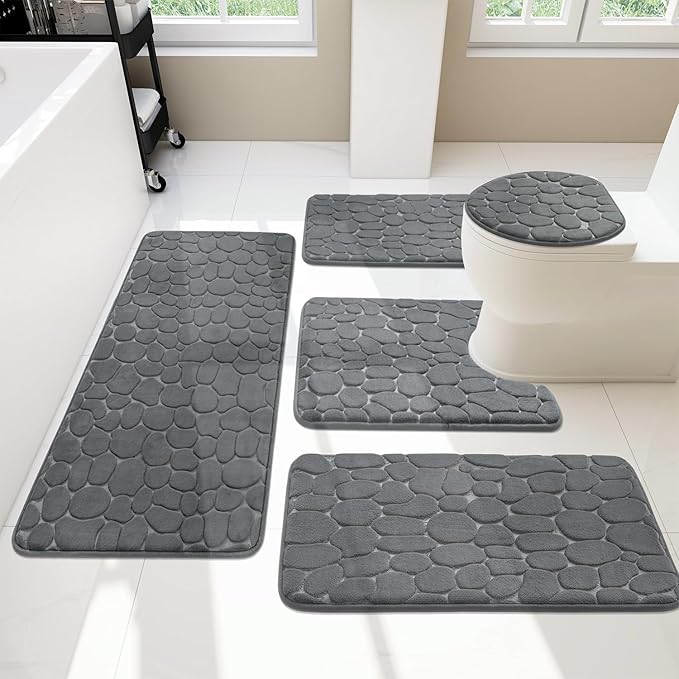 YIHOUSE Bathroom Rugs Mat Set, Memory Foam Bath Mat 5 Piece Dark Grey