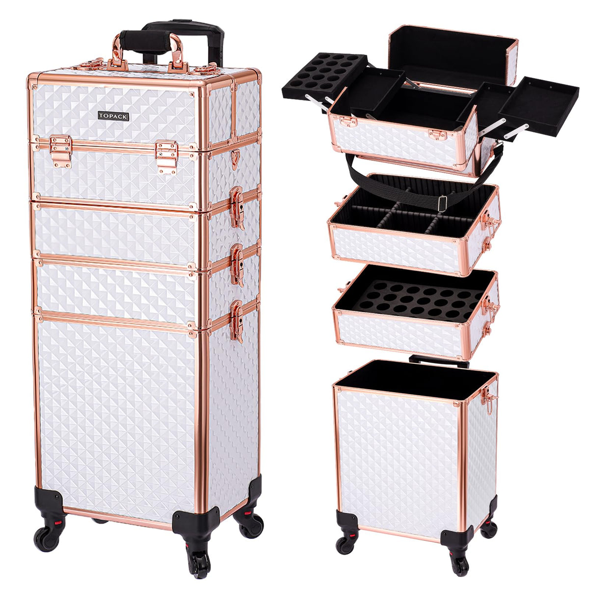 TOPACK 3-In-1 360°Rotaing Rolling Makeup Train Case with Trolley/Drawer