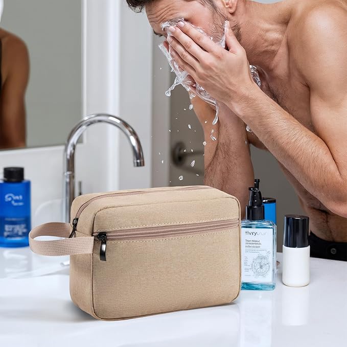 XIRYOHEAUR Travel Hanging Toiletry Bag with Carry Handle - Water-Resistant Small Cosmetic Organizer for Men & Women, Makeup, Shaving Kit, Gym & Travel Essentials (Khaki)