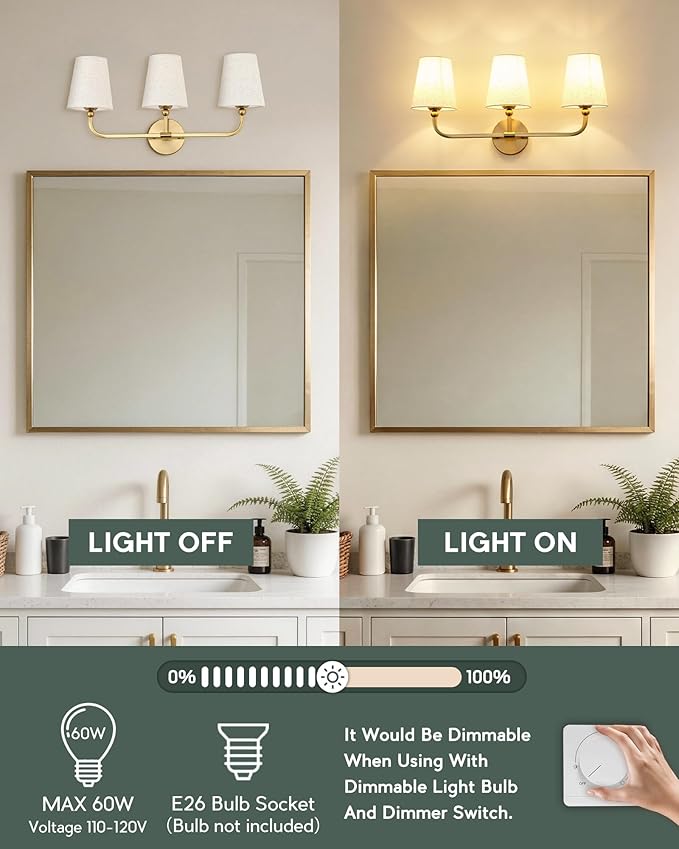 3-Light Bathroom Light Fixtures, Brushed Gold Vanity Lights with Linen Fabric Shade, Modern Sconces Wall Lighting for Hallway Bedroom, Upward Lighting, VL837-BG-A-3