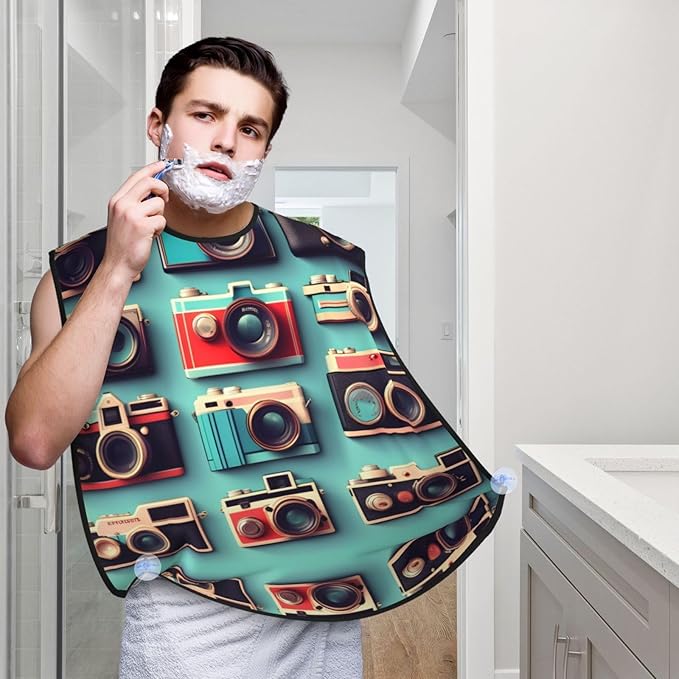 NOUZU Retro Cool Camera Collection Print Beard Bib Apron For Men, Beard Hair Catcher For Men Shaving Trimming,Beard Cape Cloth, Black