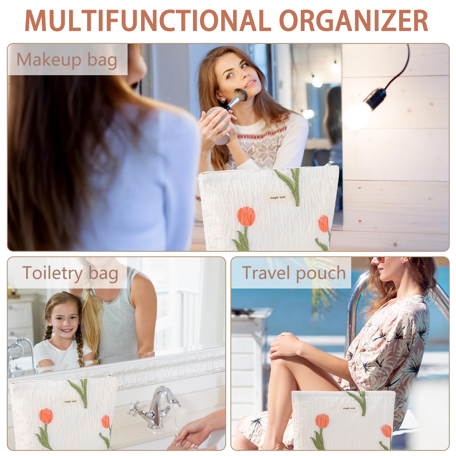 ZLFSRQ Makeup Bag Travel Cosmetic Bag for Purse Floral Zipper Makeup Pouch for Women Small Cute Flower Cosmetic Pouch Toiletry Bag Pencil Case Portable Organizer Canvas Aesthetic Gift (Tulip)