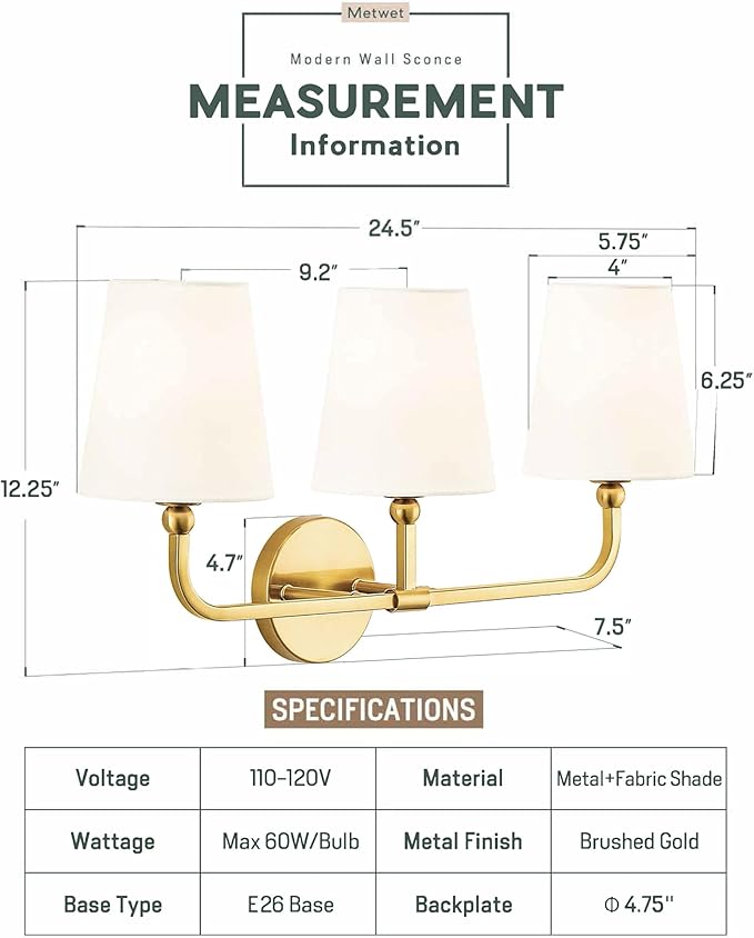 Bathroom Light Fixtures, Brushed Gold Vanity Lights with Flared White Fabric Shade, 3 Light Wall Sconce, Modern Sconces Wall Lighting for Hallway Bedroom, VL837-BG-3