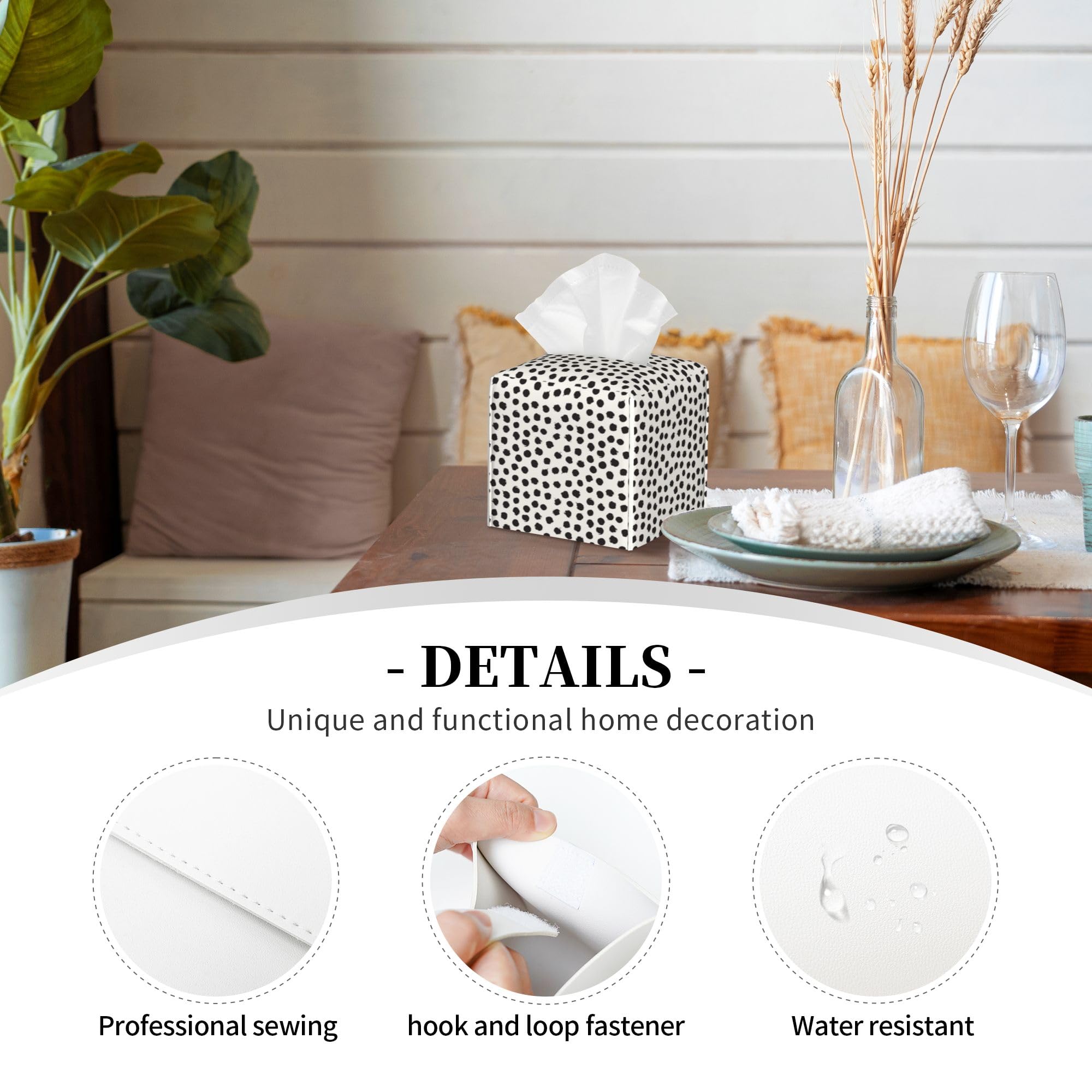 Polka Dot Black Circle Tissue Box Cover Square,Abstract Round Brush Strokes Tissue Box Holder Waterproof Leather Facial Paper Organizer Dispenser for Bathroom Home Car Nightstand Vanity Desk