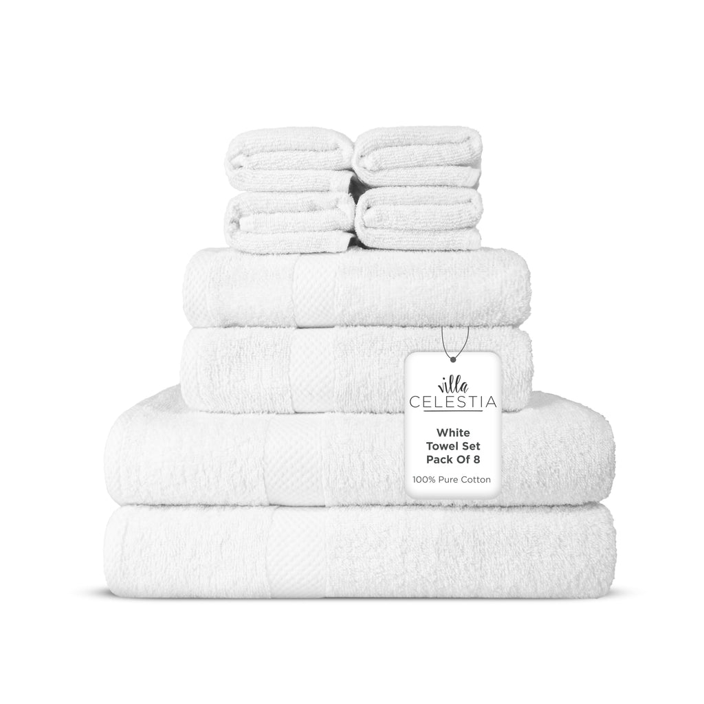 Villa Celestia 8-Piece 100% Cotton Towel Set, 2 Bath Towels, 2 Hand Towels, 4 Wash Cloth, Quick-Dry, White