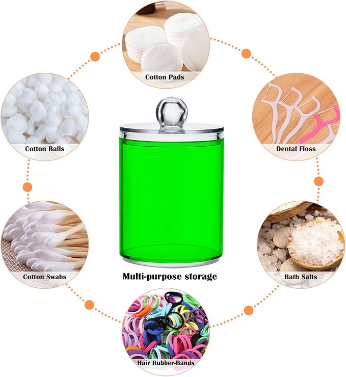 Green Qtip Holder Organizer Dispenser Cotton Swabs Cans Plastic Jars with Lid Set 2 Pack Bathroom Storage Canister for Cotton Ball Floss Cotton Pads
