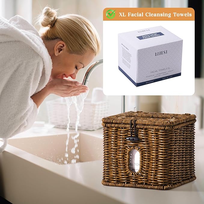 Facial Clean Skin Club Face Towels Holder for Bathroom, Plastic Rattan Disposable Face Towel Holder, Farmhouse Style for XL Face Towels Box Basket with Lid, Vintage Brown