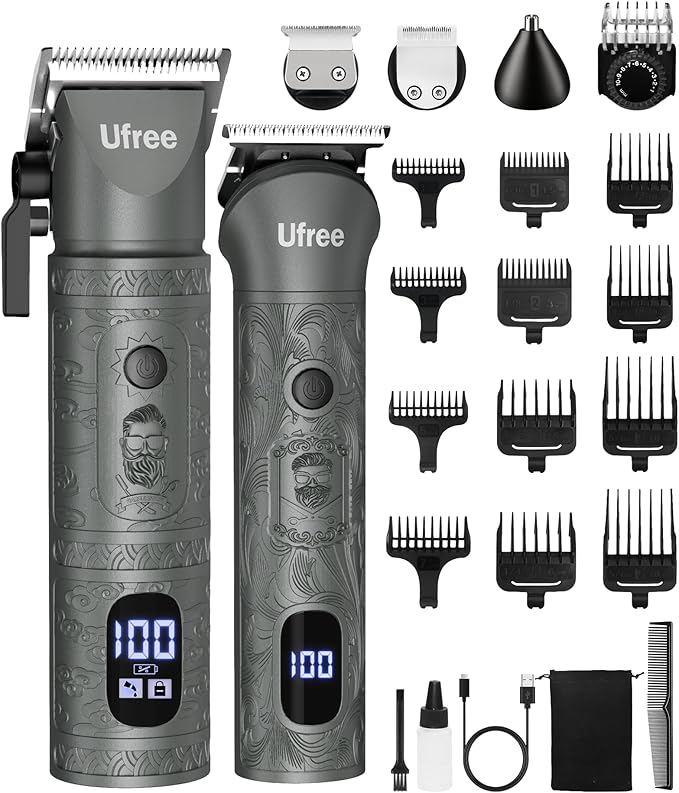 Ufree Hair Clippers for Men Professional with Beard Trimmer, Barber Clippers and Trimmers Set, Electric Razor Shavers for Men, Cordless Mens Grooming Kit for Nose, Face, Hair, Gifts Gray