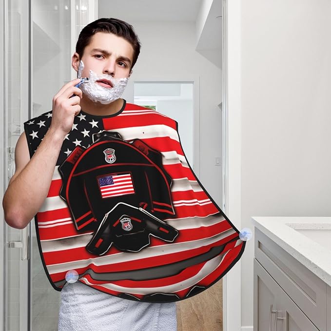 Red Stripe Firefighter Usa Flag Print Beard Bib Shaving Apron, Beard Hair Trimming Cape Gift For Dad