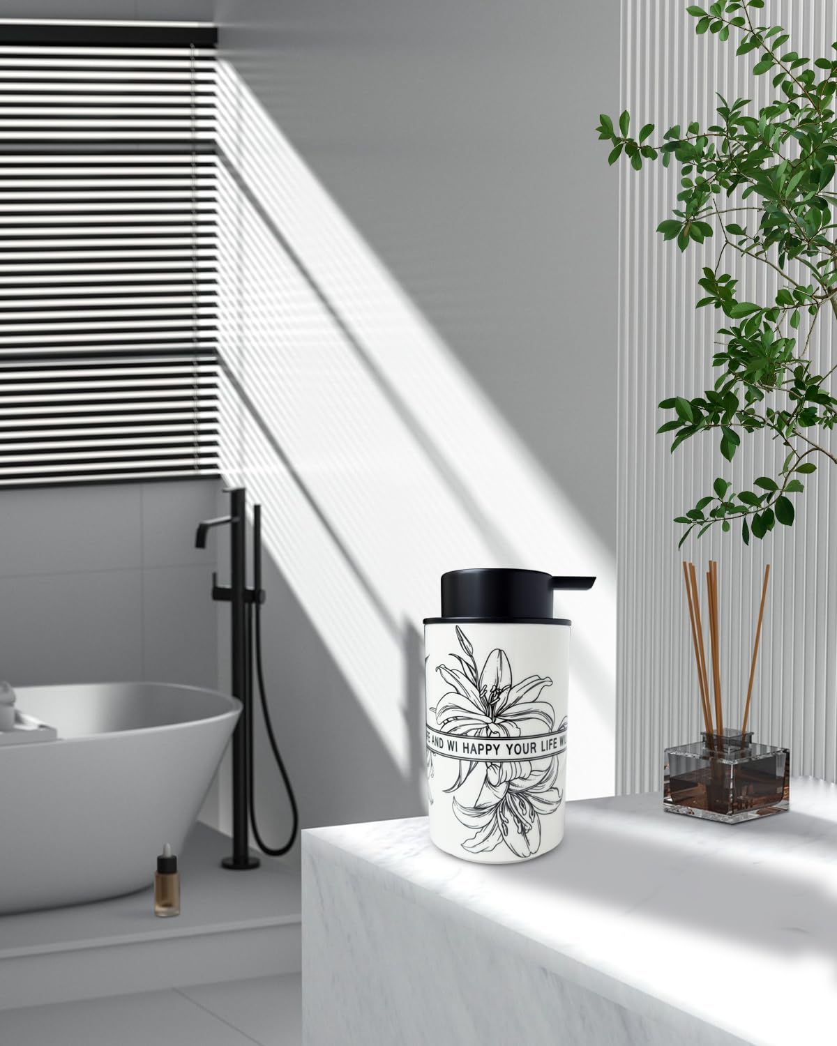 Ceramic White Liquid Soap Dispenser for Bathroom & Kitchen,Lily Pattern Hand Sanitizer Bottle,Chic Home Deco (Liquid)