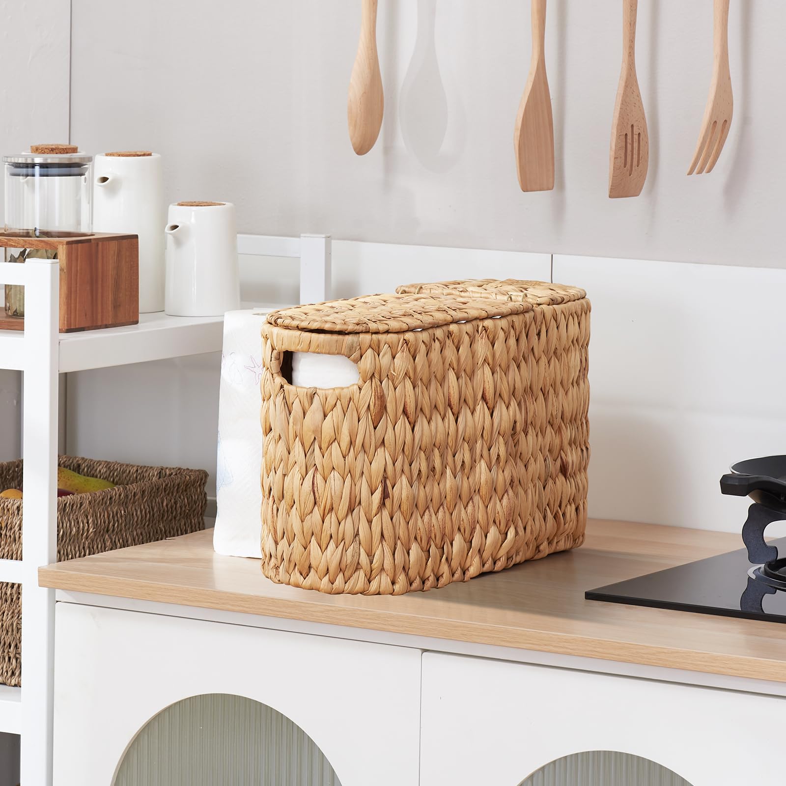 ELONG HOME Toilet Paper Basket with Lid for 6 Rolls, Water Hyacinth Wicker Toilet Paper Storage Holder, Toilet Paper Storage for Bathroom