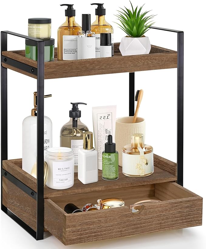 Ukonvi 2-Tier Bathroom Organizer Countertop with Drawer, Wood Counter Shelf for Storage, Vanity Tray for Organization and Decor, Countertop Organizer for Bathroom, Kitchen, Office (Dark Brown)