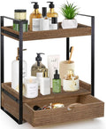 Ukonvi 2-Tier Bathroom Organizer Countertop with Drawer, Wood Counter Shelf for Storage, Vanity Tray for Organization and Decor, Countertop Organizer for Bathroom, Kitchen, Office (Dark Brown)