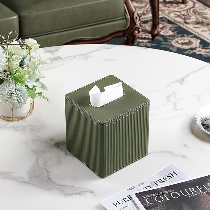Tissue Box Cover Square with Magnetic Closure, PU Leather Tissue Box Holder for Bathroom NightStands Livingroom, Decorative Modern Square Tissue Holder (Green)