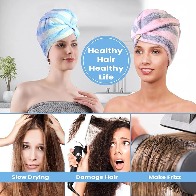 3 Pack Microfiber Hair Towel Wrap for Women, Fast Drying Hair Turban with Button, Anti-Frizz Large Hair Towel for All Hair Styles, Soft & Absorbent Hair Drying Towel