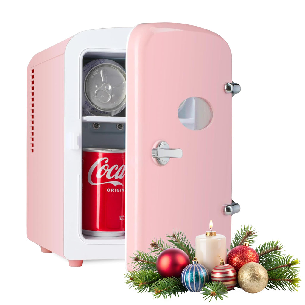 HealSmart Mini Fridge Portable 4 Liter/6 Can with Observation Window, Cooler&Warmer Small Desk Compact Refrigerator for Skin Care, Cosmetics, Beverage, Food in Bedroom, Car, Office, Dorm, Pink