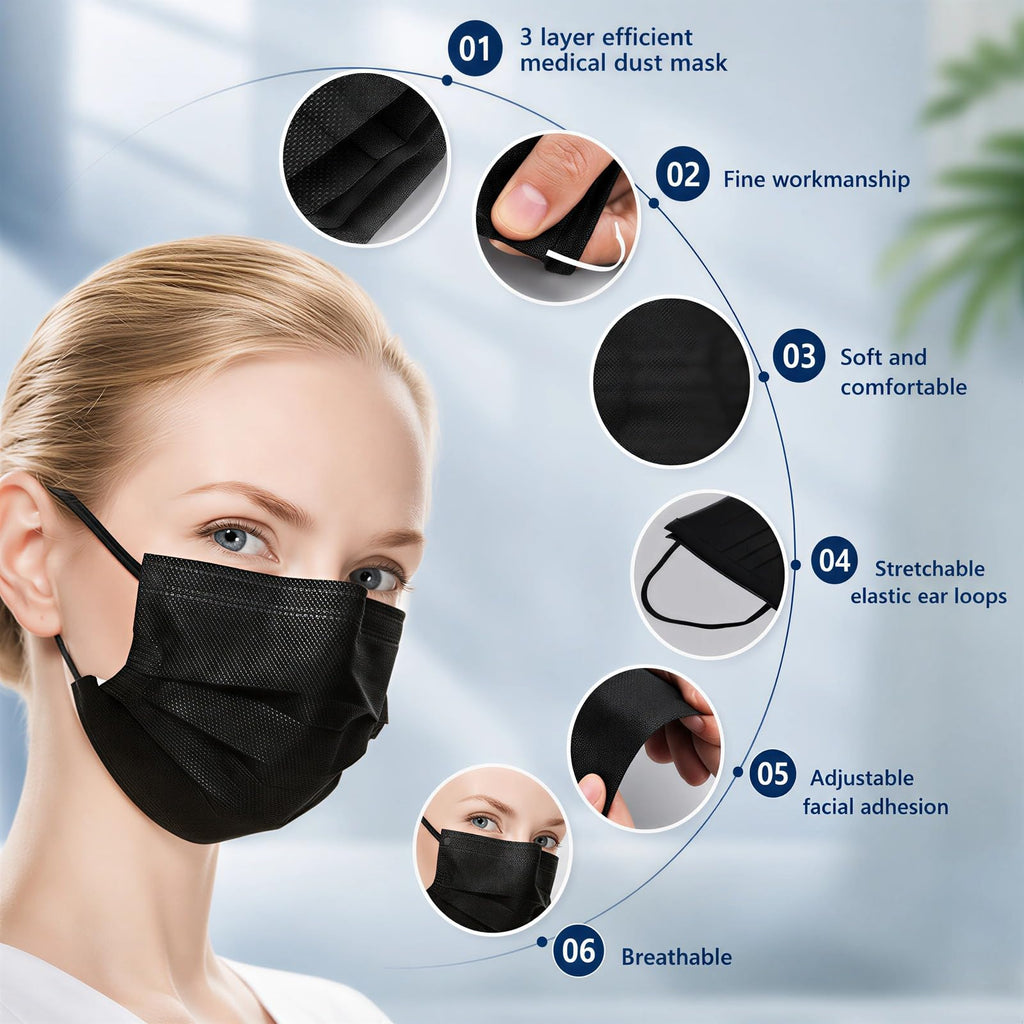 Hyegiir 3 Ply 500PCS Disposable Face Masks Individually Wrapped For Daily Protection (500pcs Black Mask)
