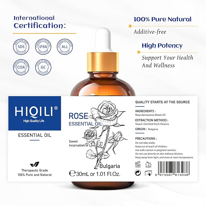 HIQILI Rose Essential Oil 1 Fl Oz, for Aromatherapy, Diffuser, Skin Care, Massage, Includes Premium Quality Glass Dropper