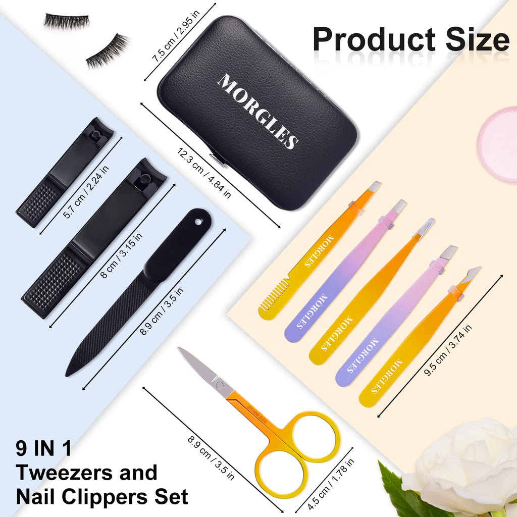 MORGLES Tweezers Set 9 Pcs Colorful Nail Clipper Kit with Case for Grooming