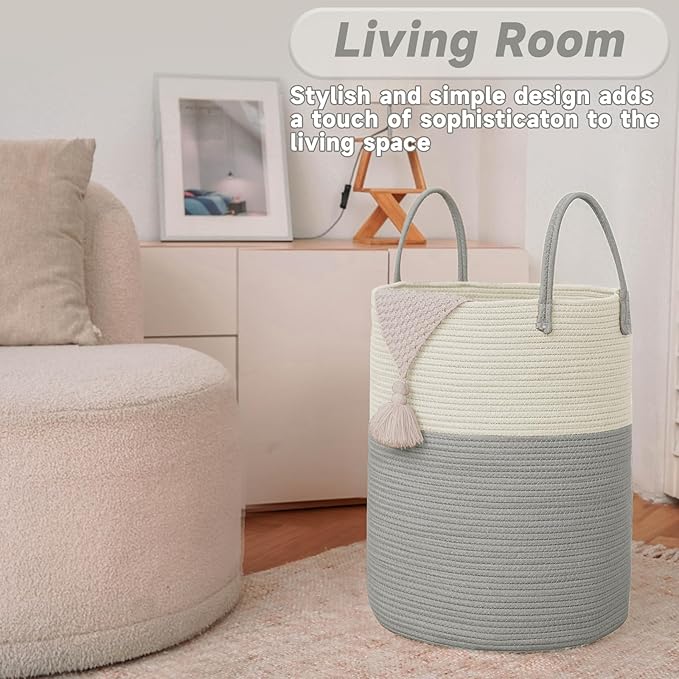 JMvicyroam Large Woven Laundry Basket Hamper,60L Cotton Rope Storage Bin for Blankets,Toys and Clothes,Decorative Tall Nursery Hamper for Living Room,Baby Nursery,Bathroom and Bedroom,White and Grey