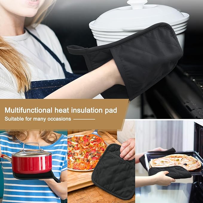 YEKOO 2Pcs Cotton and Neoprene Oven Pads Pot Holders with Pocket 8"x8.5" Dual-Function Hot Pad Set for Finger Hand Wrist Protection Heat Resistant to 428°F,Black