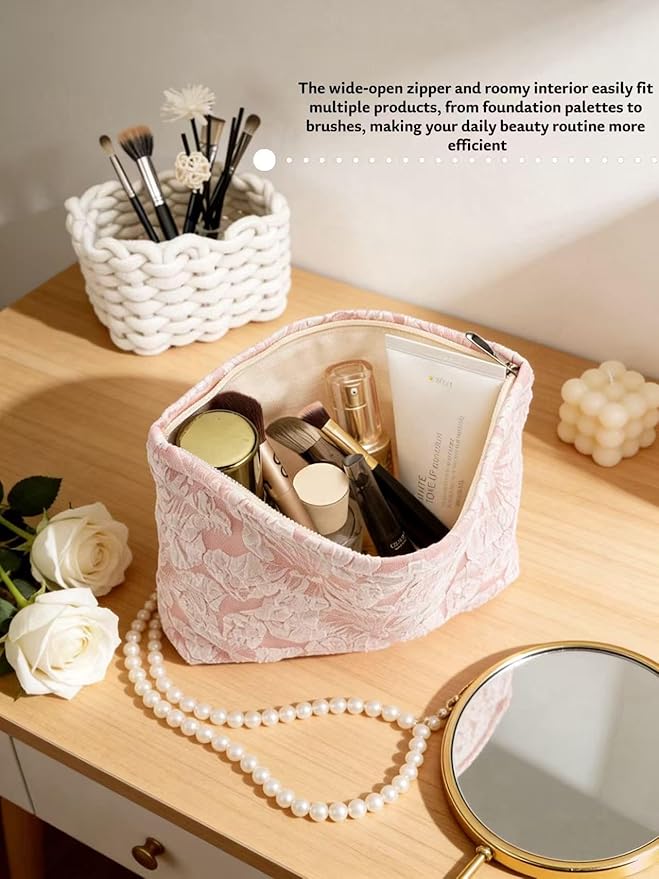 RIKMOXR 2-Pack Large Flower Makeup Bag Set - White & Pink Floral Canvas Cosmetic Organizer | Aesthetic Capacity Travel Toiletry Bag for Women (Makeup Brushes & Accessories Storage)