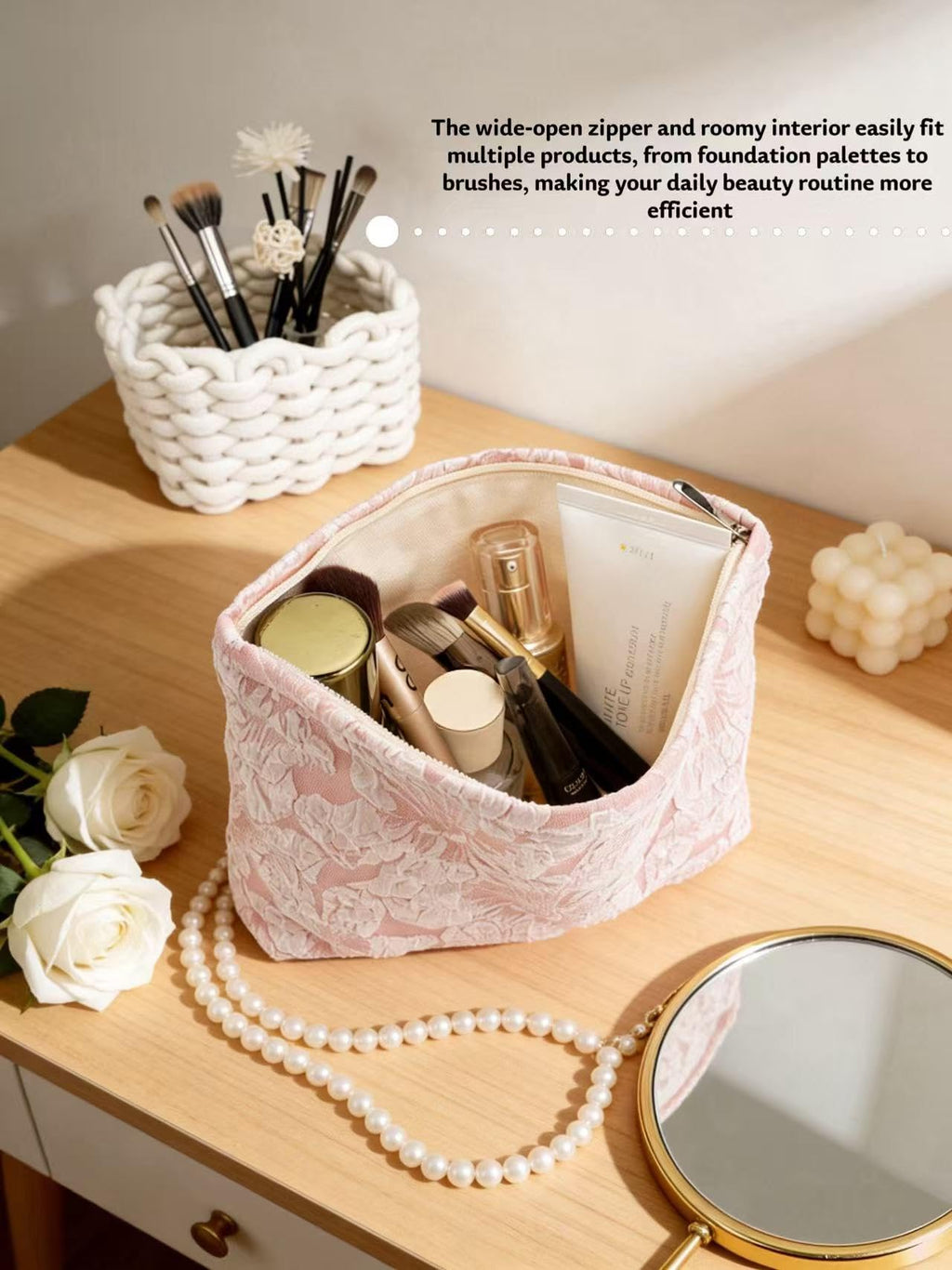 RIKMOXR 2-Pack Large Flower Makeup Bag Set - White & Pink Floral Canvas Cosmetic Organizer | Aesthetic Capacity Travel Toiletry Bag for Women (Makeup Brushes & Accessories Storage)