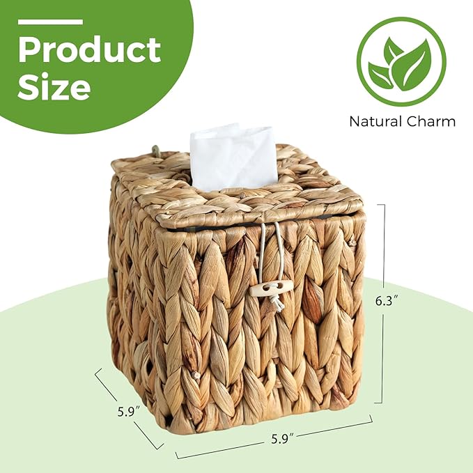 Rattan Tissue Box Cover with Lid, Wicker Tissue Box Holder Square, Hand Woven Cube Tissue Box Cover Tissue Holder for Bathroom Living Room Kitchen Office, Natural