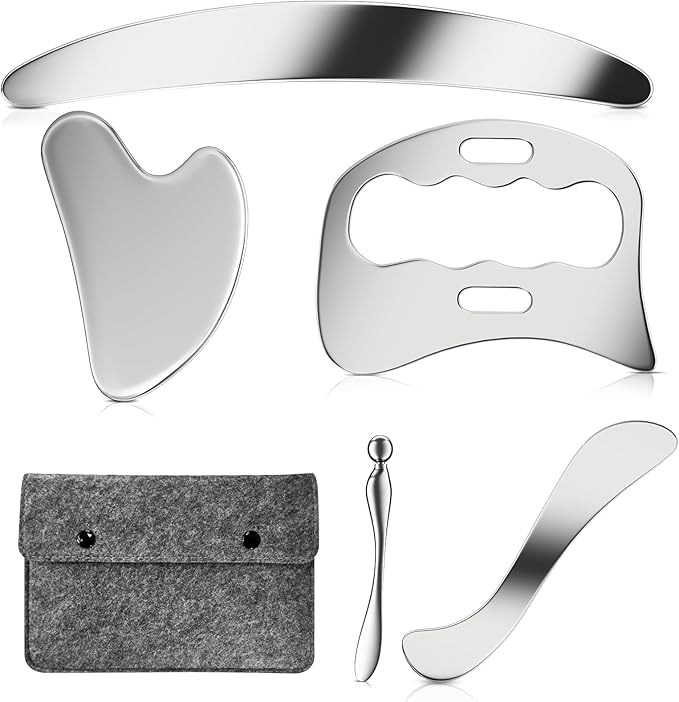 304 Stainless Steel Guasha Muscle Scraper Set, 5 in 1 Gua Sha Massage Kit and Derma Edge Scraping Tools for Physical Therapy- Deep Tissue Massage Scraper Tool for Body and Face Relaxation (Grey)