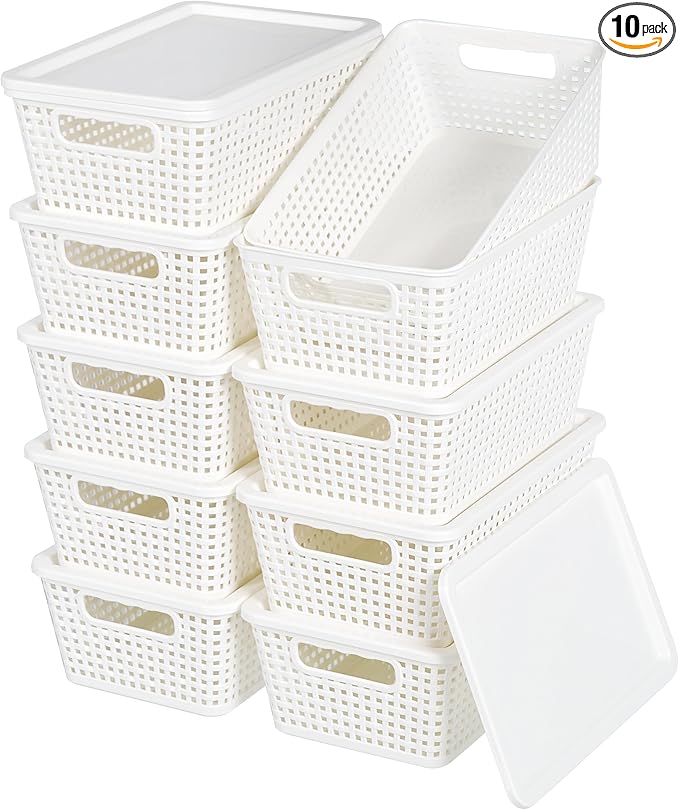 Anywish Plastic Storage Baskets With Lid, Storage Bins for Organizing, Stackable Decorative Containers for Shelves Drawers Desktop Closet Playroom Classroom Office, 10 Pack-White