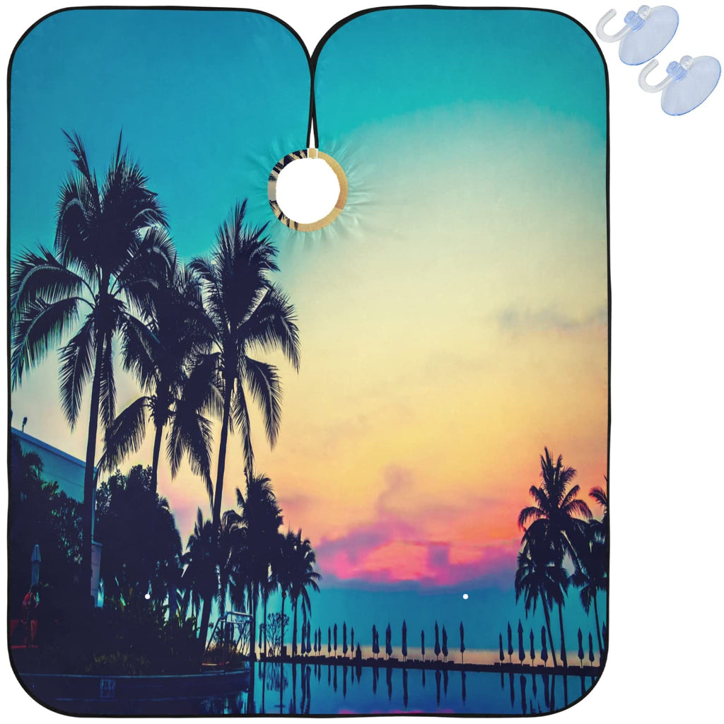 Visesunny Barber Cape - Silhouette Palm Tree Colored Pattern Polyester Hair Cutting Salon Apron Anti-Static Haircut Water-Resistant Shaving Cloth Beard Shaving Bib Hairdressing Cape