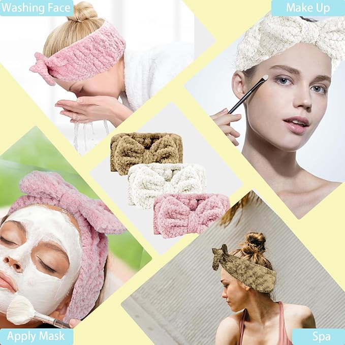 LAPOHI 3 Pack Microfiber Bowtie Headbands for Washing Face, Makeup, Yoga & Sports - Women & Girls