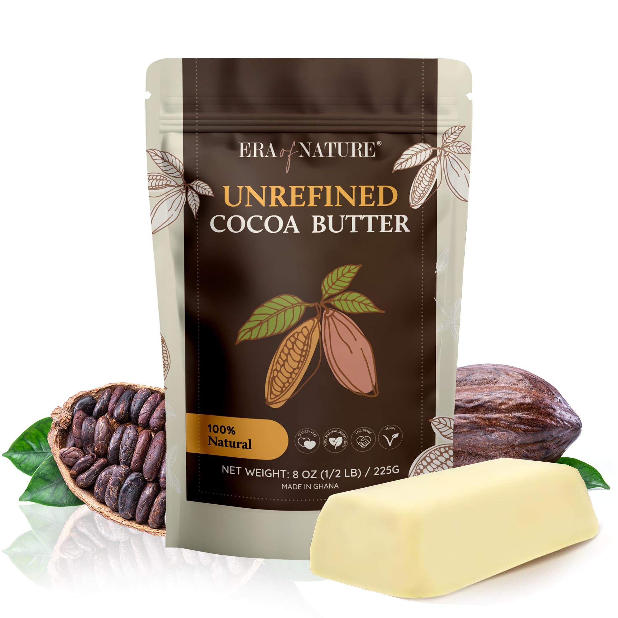 Era of Nature Cocoa Butter Raw – 100% Pure & Unrefined, Cold-Pressed Cacao – For DIY Skincare & Haircare – Deep Hydration for Skin, Hair, Lips – Stretch Mark & Scar Care – Natural Chocolate Scent, 8oz